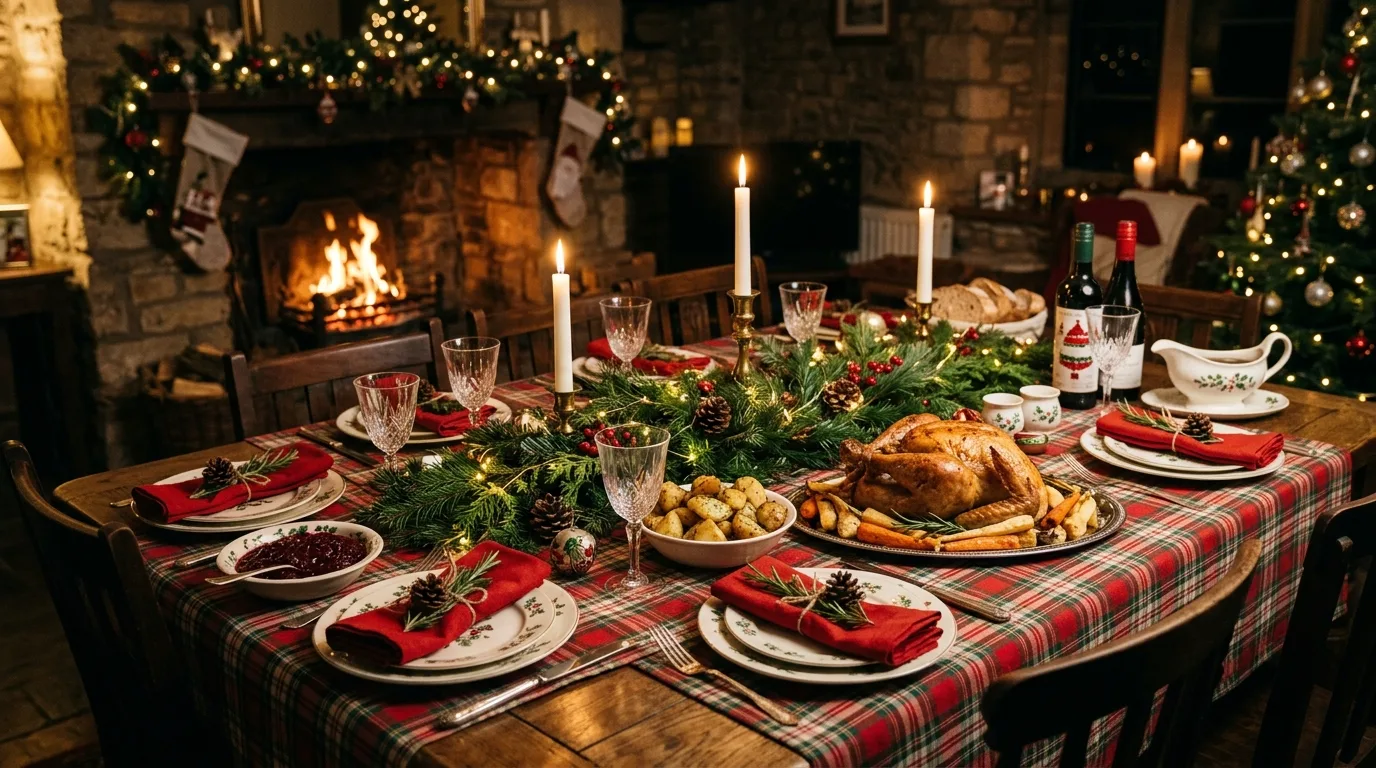 Cozy Christmas dinner table with plaid linens and warm fireplace glow.